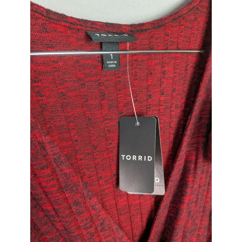 Torrid Midi Surplice Dress Size 1x 14-16 Red Knit Fabric Ribbed V Neckline Wrap - Picture 6 of 13